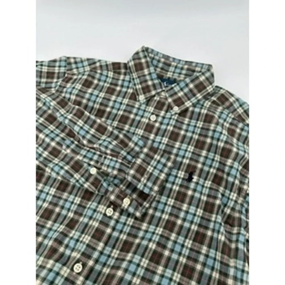 Ralph Lauren Plaid Button Down Shirt‎ Kids Long Sleeve Brown Blue White L(14-16)